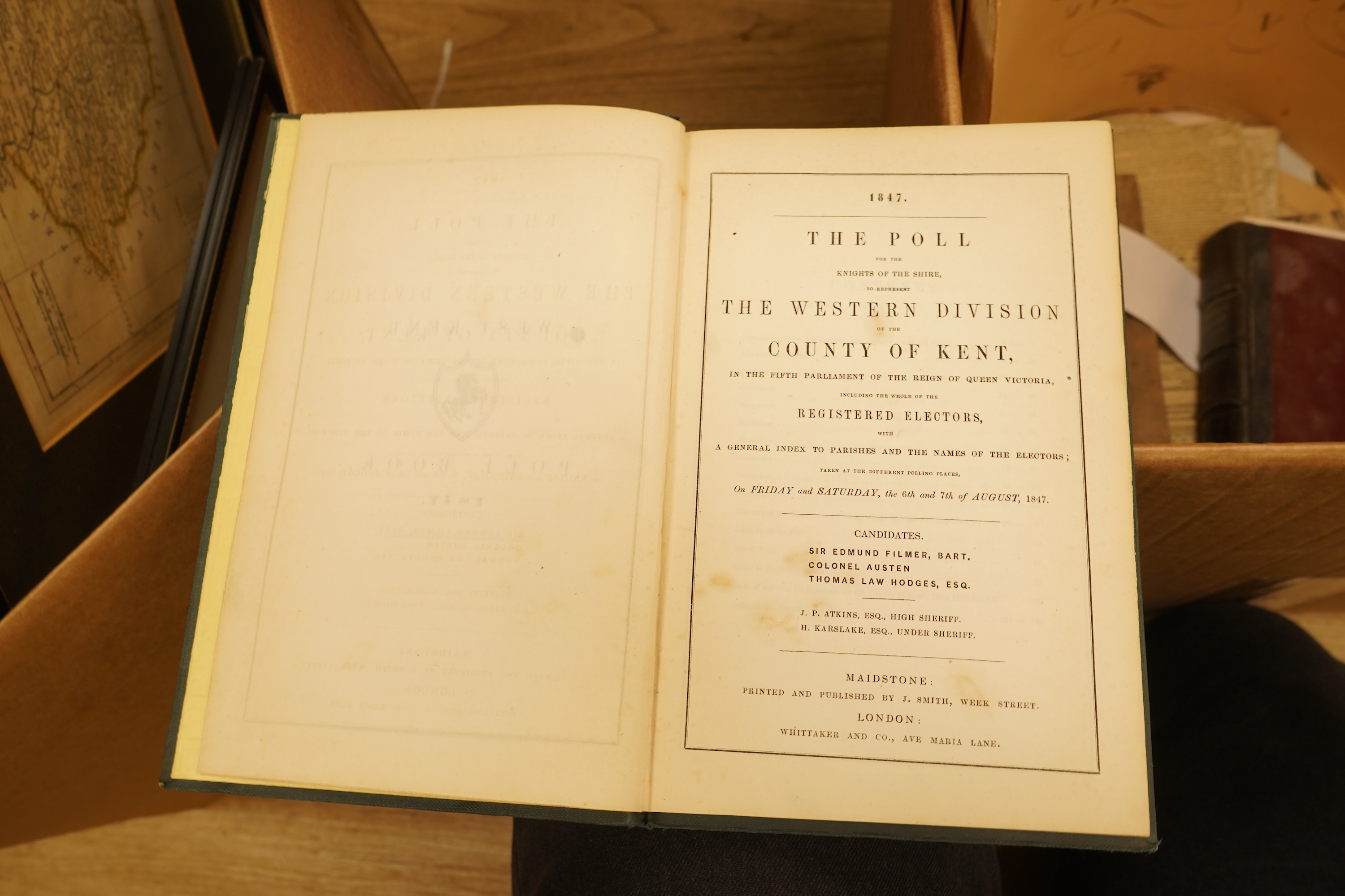 Hasted, Edward - Atlas for the first edition of Kent (4 vols., 1778-99). 31 d-page maps (only); old leather backed marbled boards (distressed), folio.; The West Kent Poll Book (1847), together with those for 1835 and 183